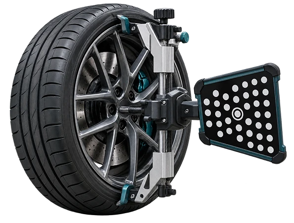 An alignment target head clamped to a wheel, as used to measure and set wheel alignment.