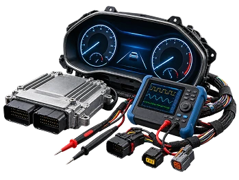 An instrument cluster, an engine control module, a diagnostic scope with probes, and a wiring harness.