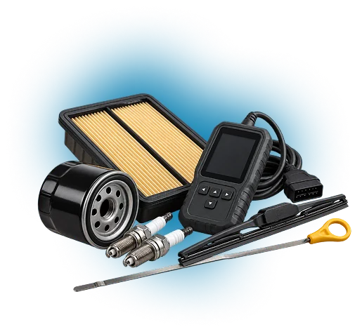Oil filter, air filter, spark plugs, wiper blade, dipstick and a diagnostic scan tool.