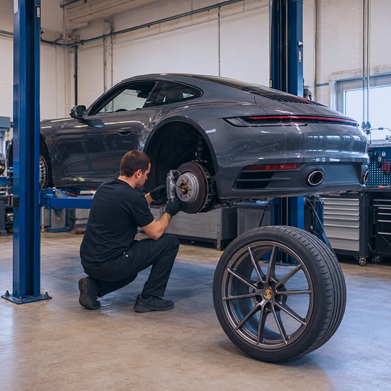Acton Autowerks technician removing a wheel from a Porsche 911 on a lift, with the wheel and tire standing in the foreground.